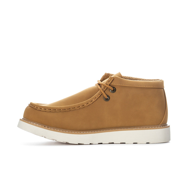 Men's tan suede lace-up chukka boot with eyelets and white rubber outsole