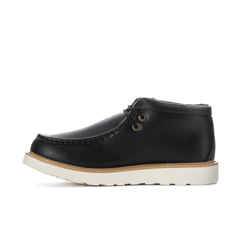 Men's black leather chukka boot, front three-quarter view with lace eyelets