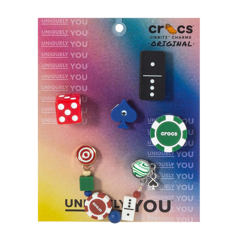 Game night-themed Jibbitz charms set with dice, cards, and controller shapes (5 pack)