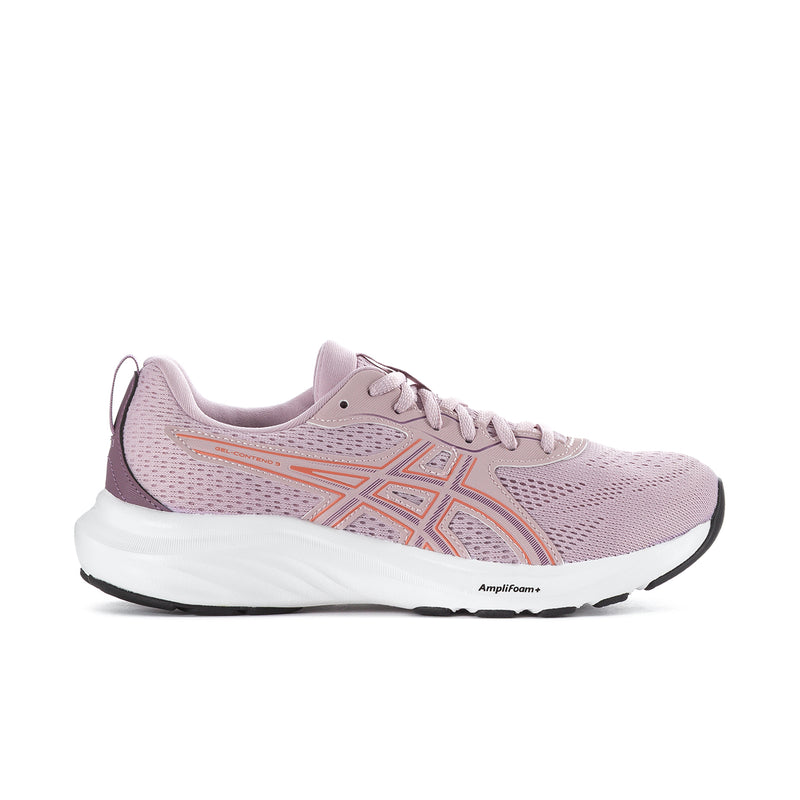 Women's running shoes in light mauve with orange stripe accents and white midsole