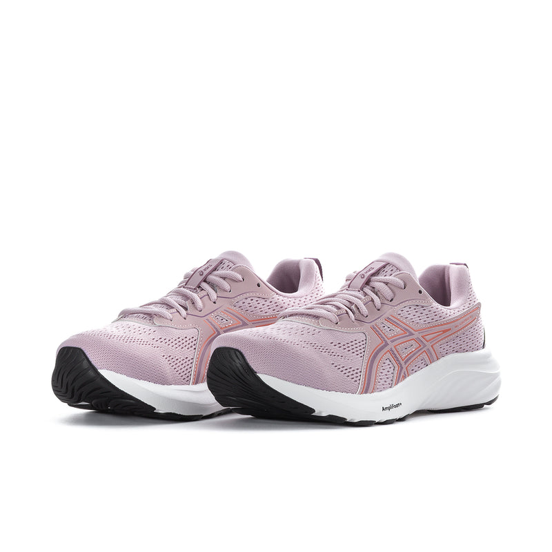 Pair of women's running shoes, light mauve uppers with orange side graphics and white sole