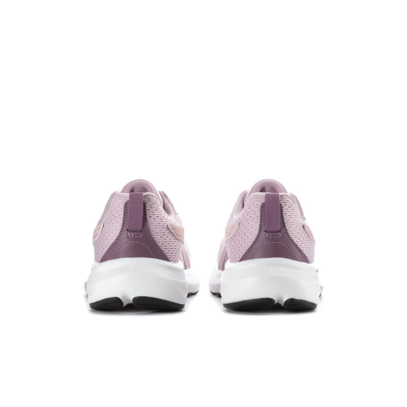 Women's mauve running shoes, heel view with padded collar and white midsole