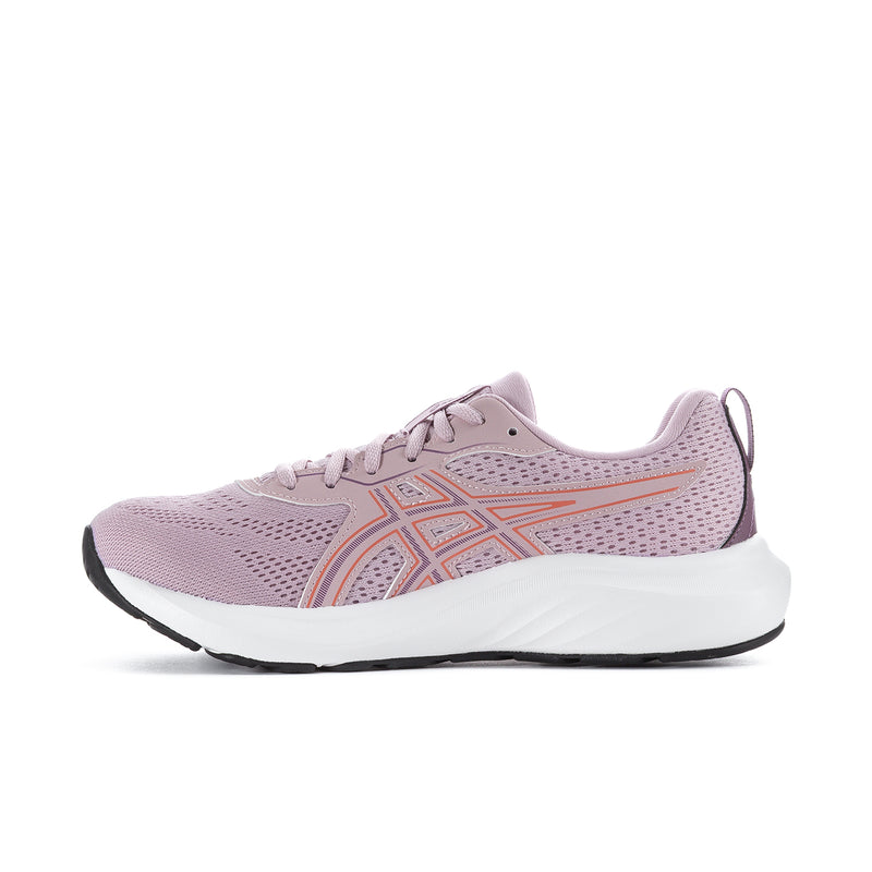 Women's running shoe with mauve mesh upper, orange logo accents, and lace-up front