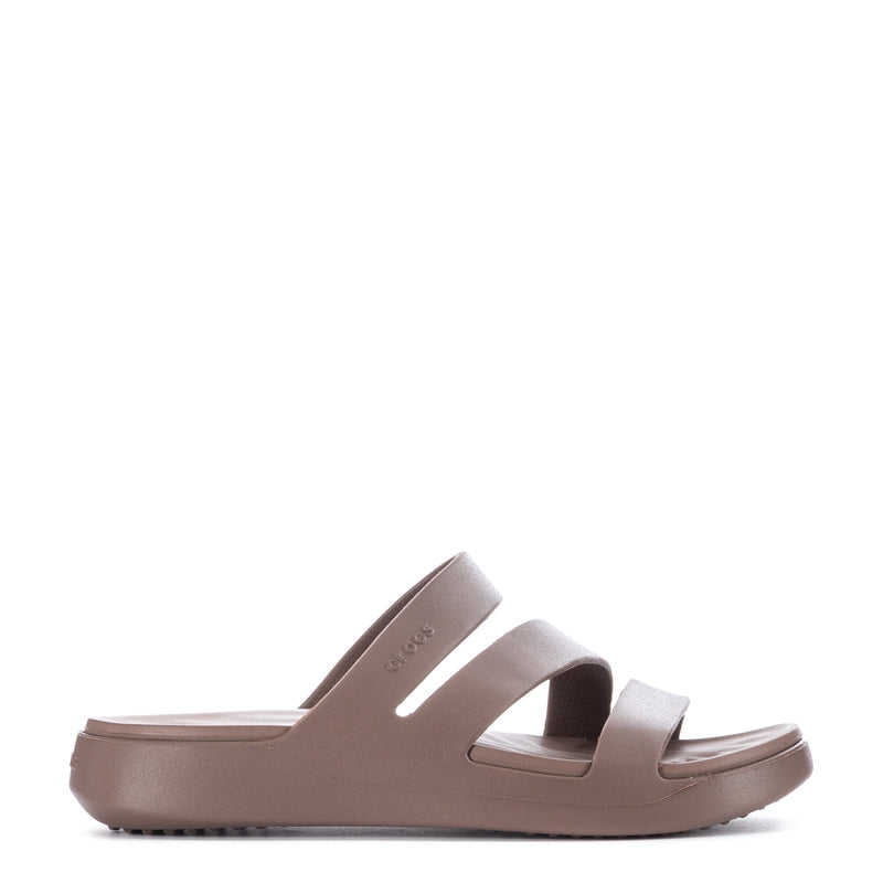Women’s strappy slide sandal, truffle-brown, angled side view