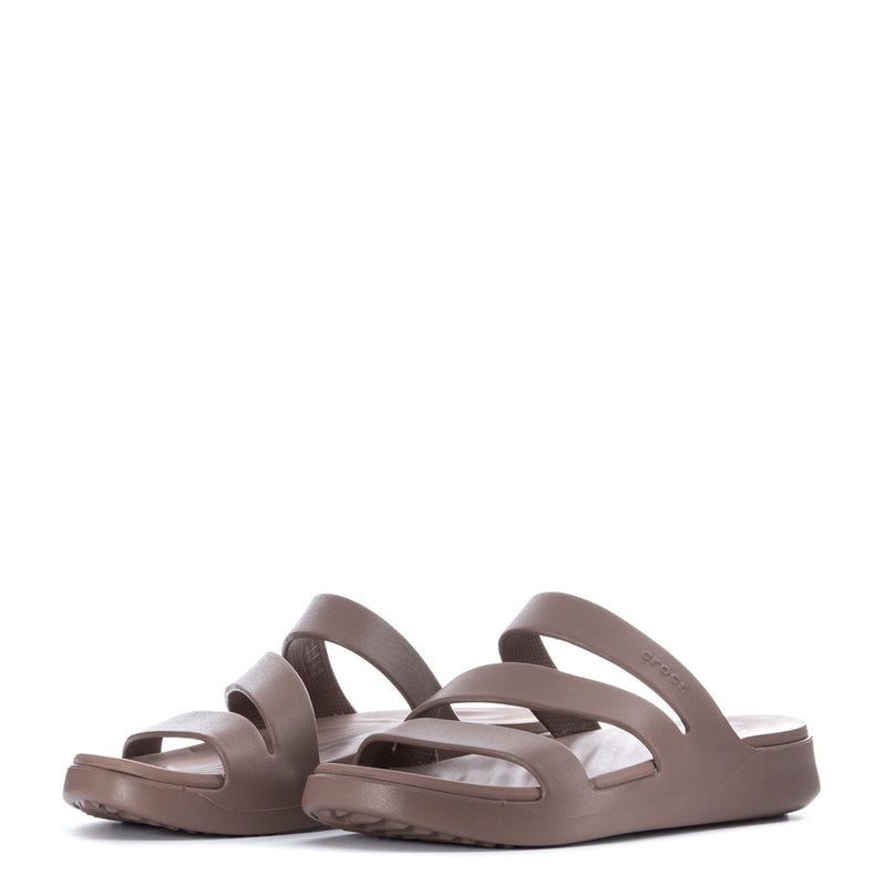 Women’s strappy slide sandal, truffle-brown, cushioned footbed