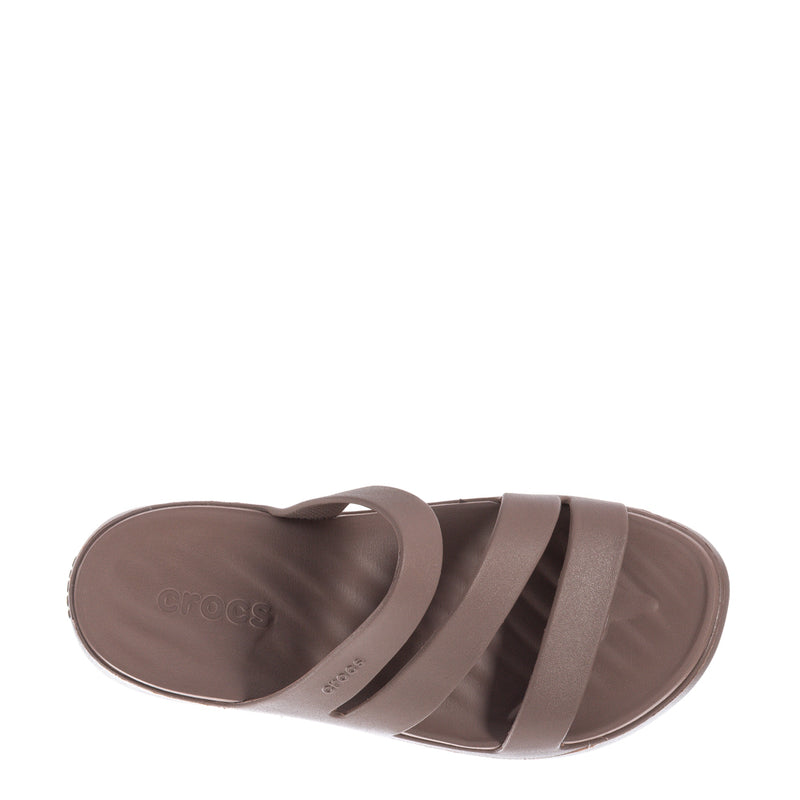 Women’s strappy slide sandals, truffle-brown, side profile with three straps