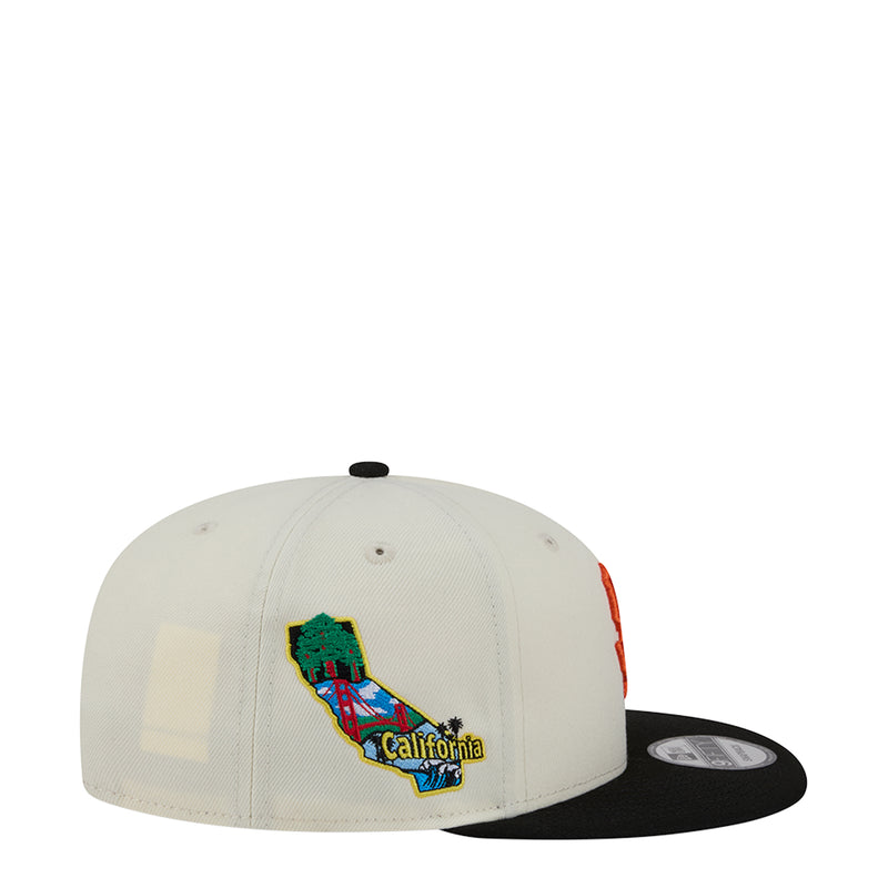 Two-tone snapback cap with multicolor California map patch on white front, black brim