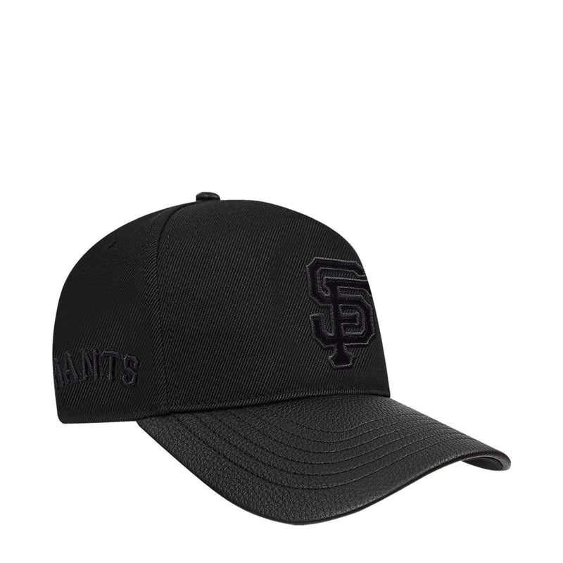 Black low-profile snapback cap with side embroidered SF logo and partial text
