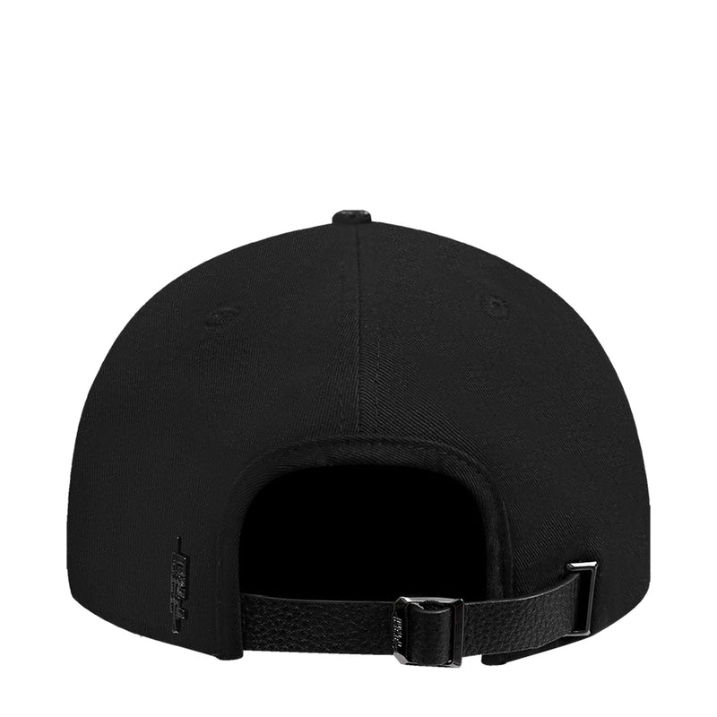Black snapback cap with adjustable leather-look strap and metal buckle