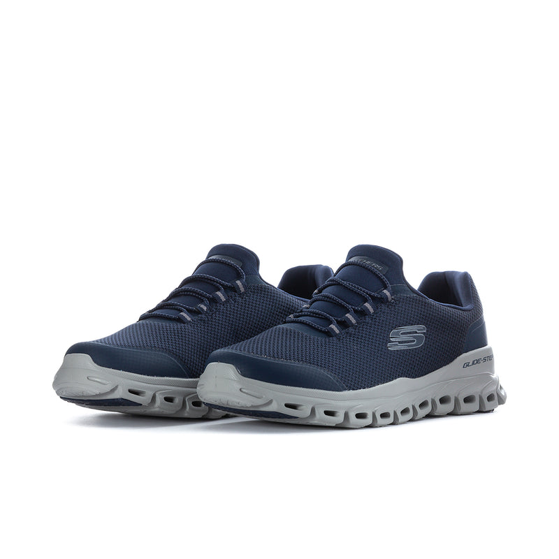 Men's navy lace-up knit sneaker with white/gray cushioned outsole