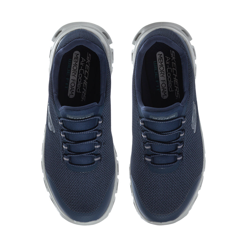 Pair of navy lace-up sneakers with padded collar and text-lined interior