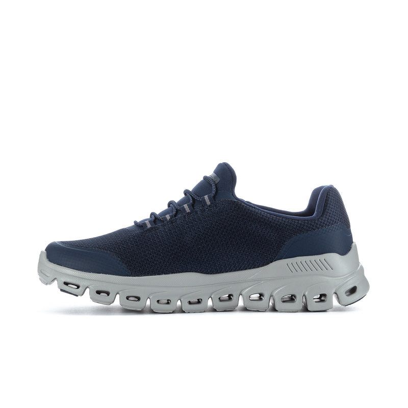 Men's navy knit sneaker with white/gray pod sole and side logo