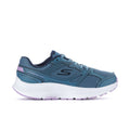 Women’s wide running sneaker in teal blue with lavender trim and white cushioned sole