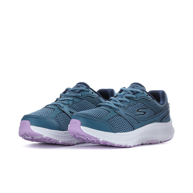 Women’s teal blue wide running shoes with lace-up front, mesh upper, and lavender outsole