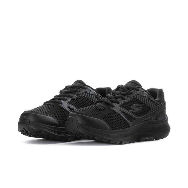 Pair of women's black wide running shoes with layered mesh panels and laces