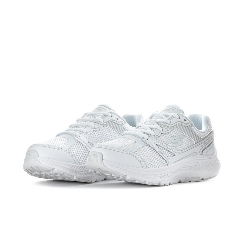 White women's wide running sneakers, side view with textured upper and laces