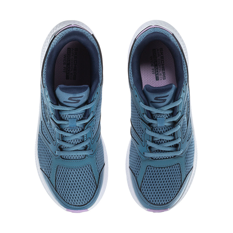 Pair of women’s wide running sneakers showing blue mesh uppers with padded collar