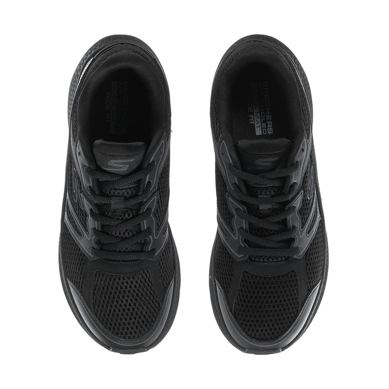 Women's black wide running shoes, front view with breathable mesh and laces