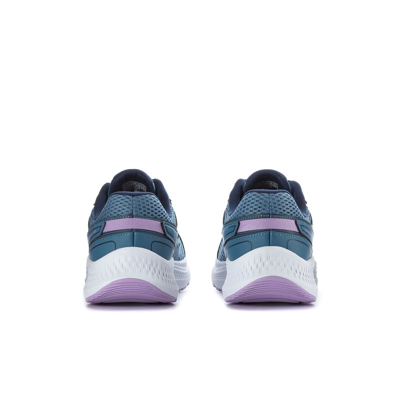 Women’s wide running shoes from heel view with teal back panels and lavender detail