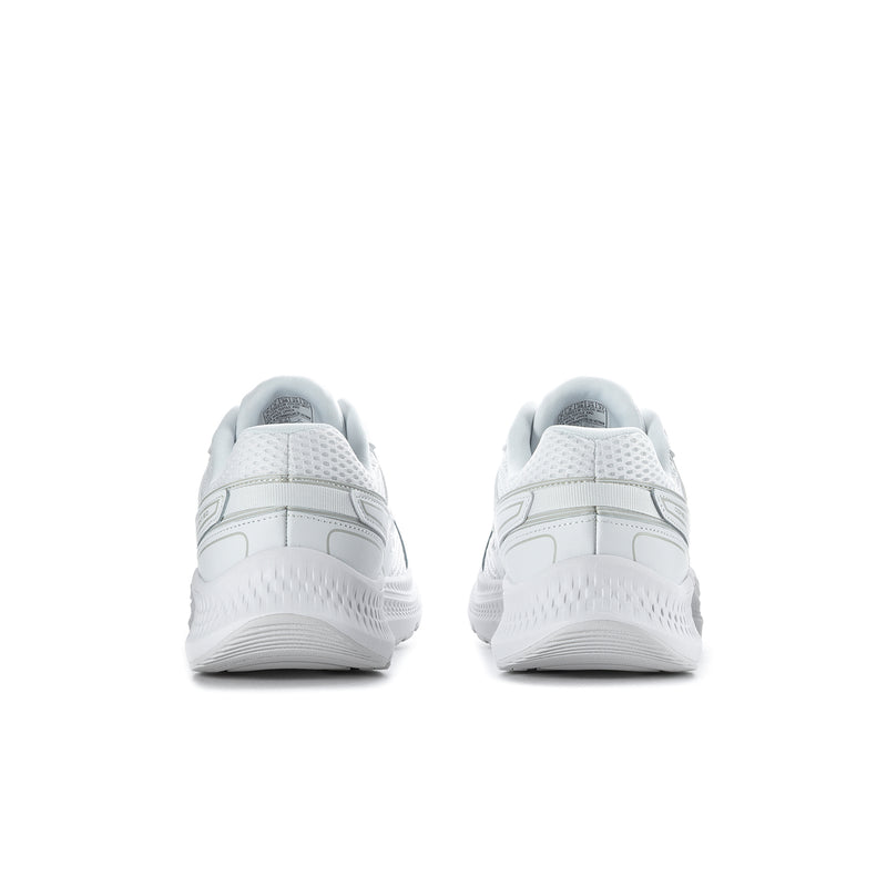 White women's wide running sneakers, back view with padded heel and lace closure