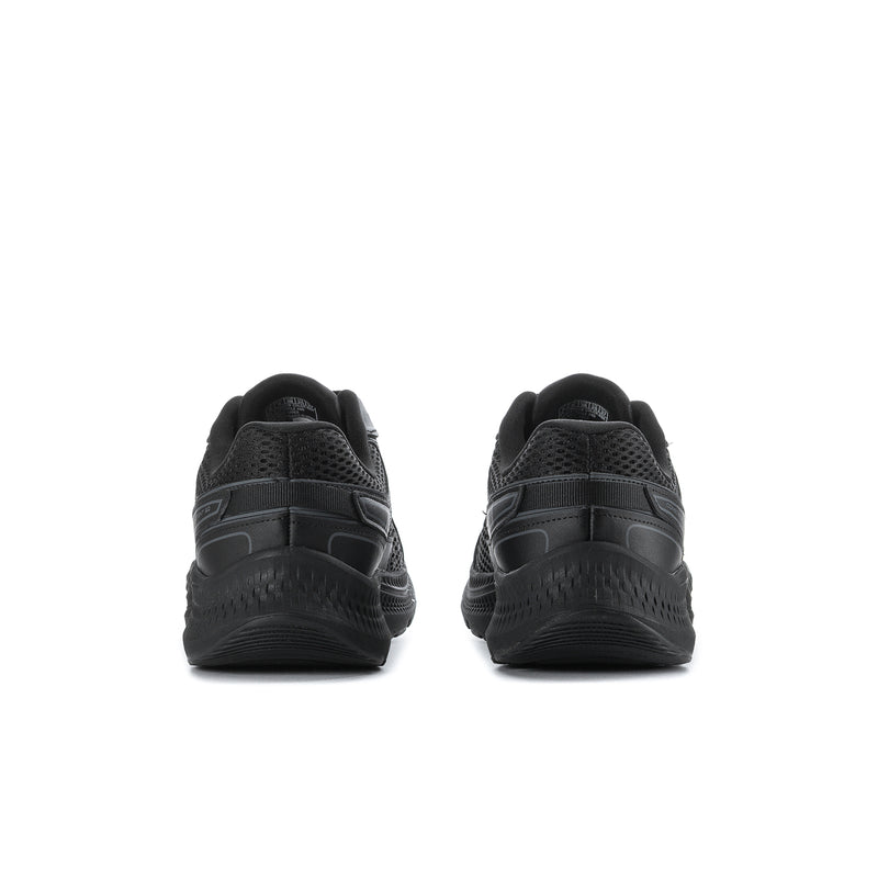 Women's black wide running shoes, rear view with padded heel and lace-up