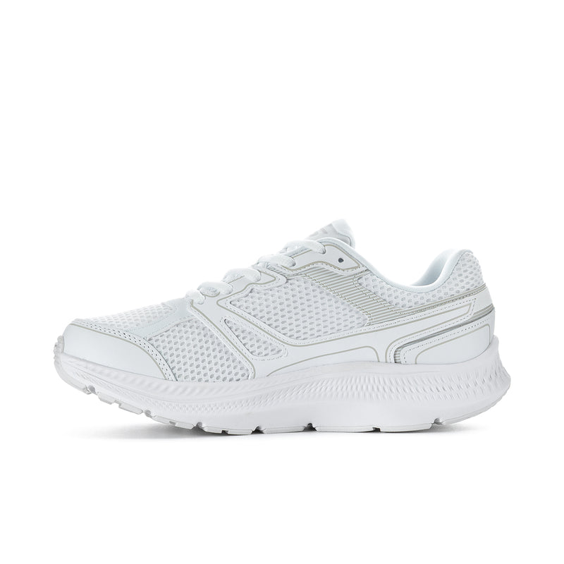 White women's wide running sneakers, angled side view with logo detail