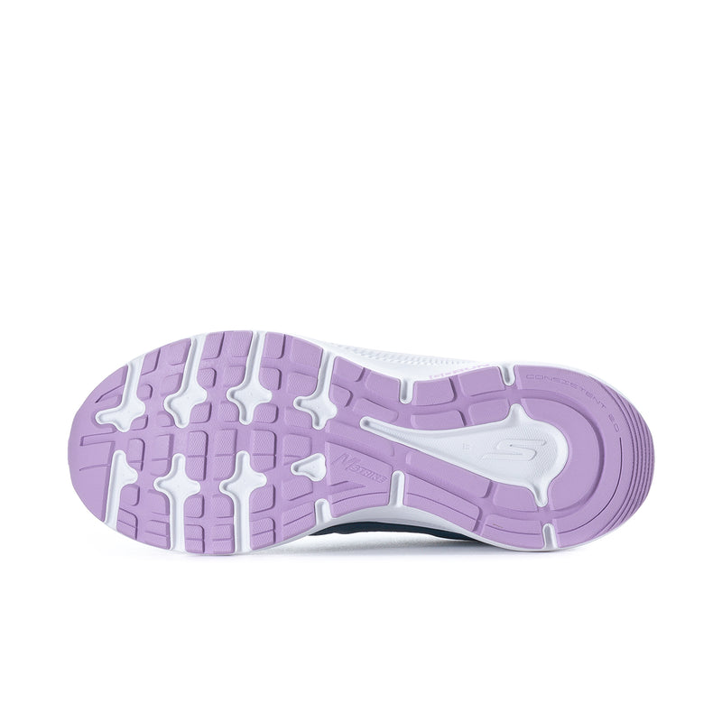 Underside of women’s wide running sneaker with white base and purple traction outsole
