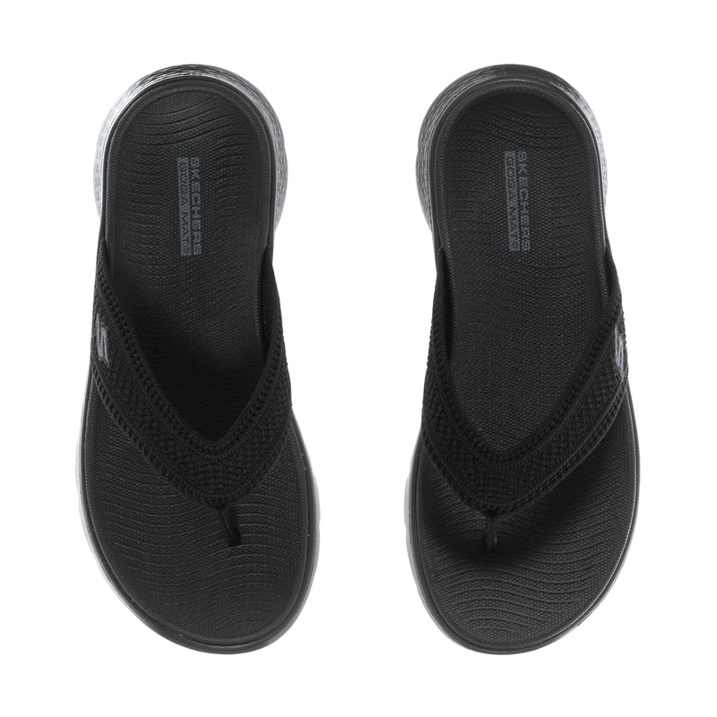 Women's black thong sandals, top view of textured uppers and V-shaped strap