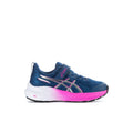Kids running shoes in blue with Asics logo, pink accents, and white sole
