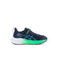 Kids navy athletic sneaker with neon green accents and Asics logo
