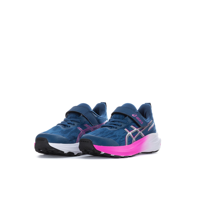 Kids running shoes, blue upper with pink trim and Asics side stripe