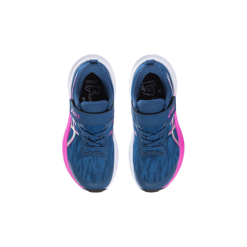 Kids shoes with blue knit upper, pink laces, and padded white-lined collar