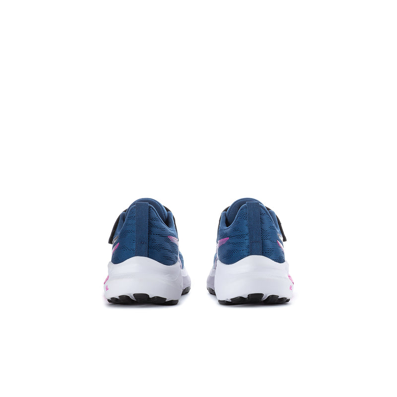 Kids running shoes back view, blue with white midsole and small pink detail