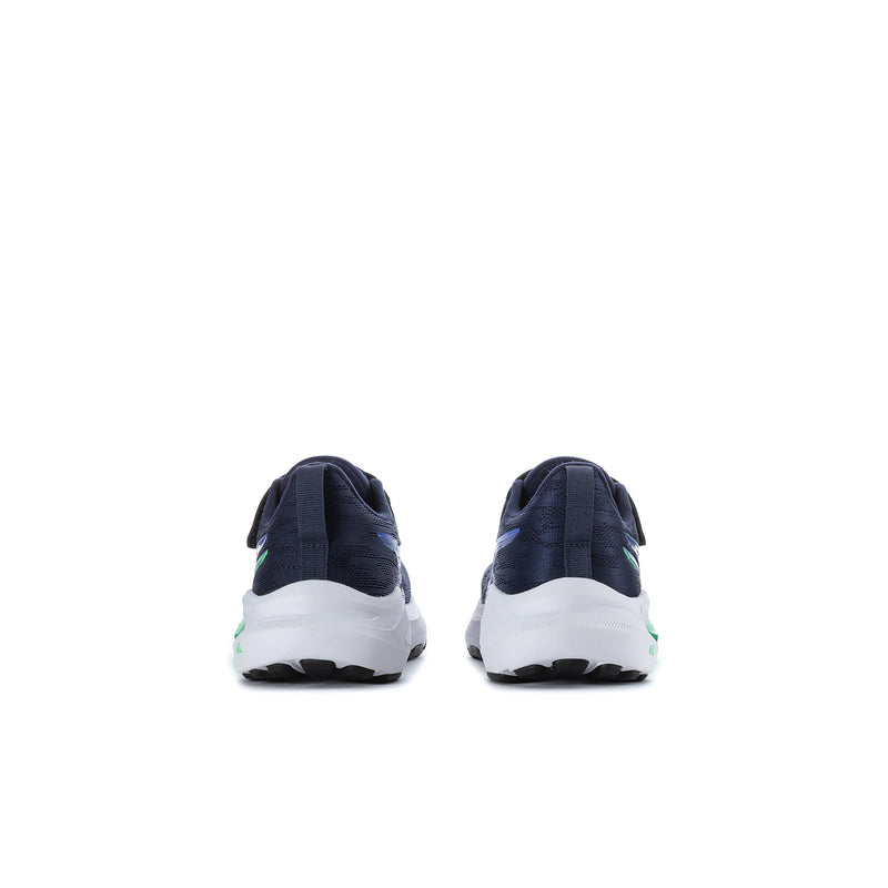 Kids navy sneakers, heel view with neon green side trim and white sole