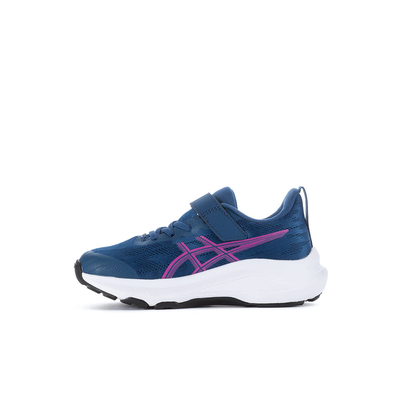 Kids running shoes, blue mesh upper with pink Asics stripe and white midsole