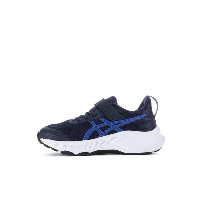Kids navy low-top sneaker with blue Asics stripe and white midsole
