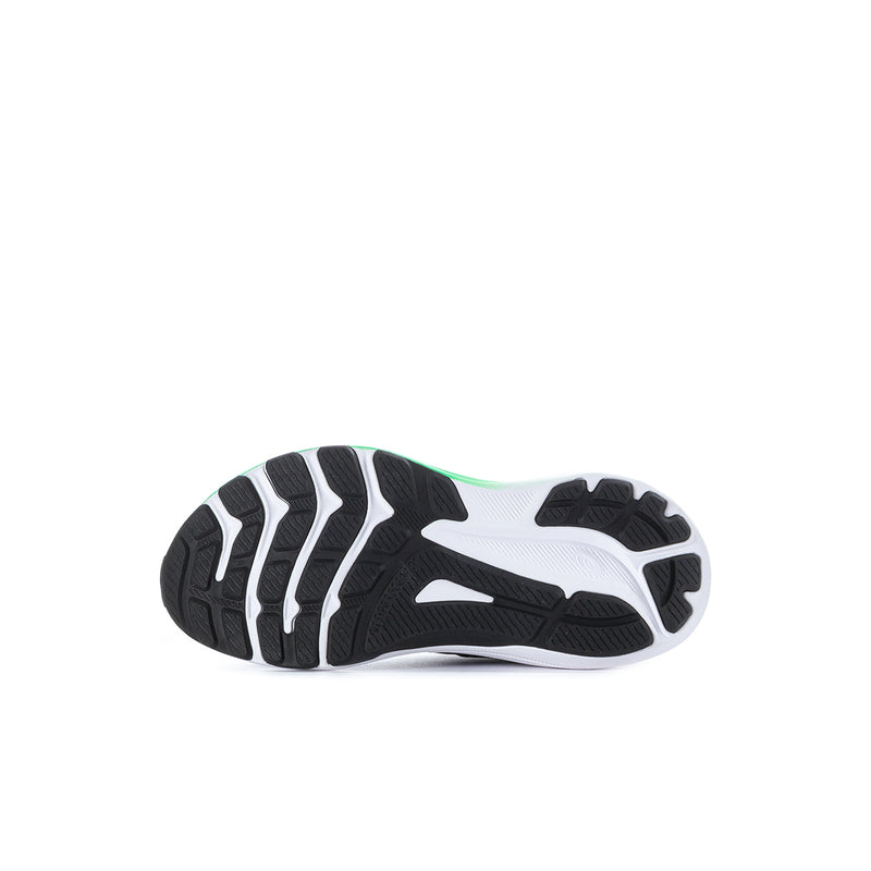 Kids sneaker outsole tread, white sole with navy upper and neon green trim