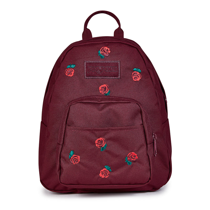 Burgundy mini backpack with rose embroidery and front zip pocket