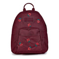 Burgundy mini backpack with rose embroidery and front zip pocket