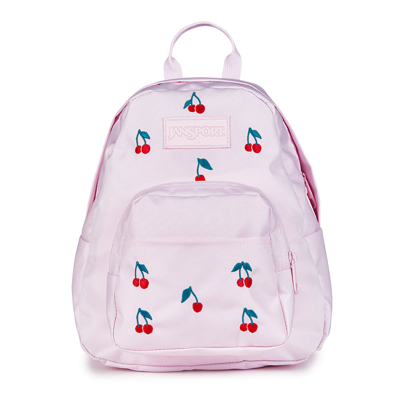 Pink mini backpack with cherry print and front zip pocket