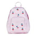 Pink mini backpack with cherry print and front zip pocket