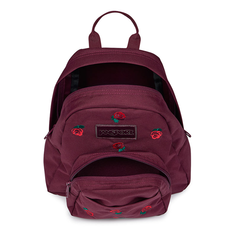 Burgundy mini backpack with rose embroidery, front pouch and open top