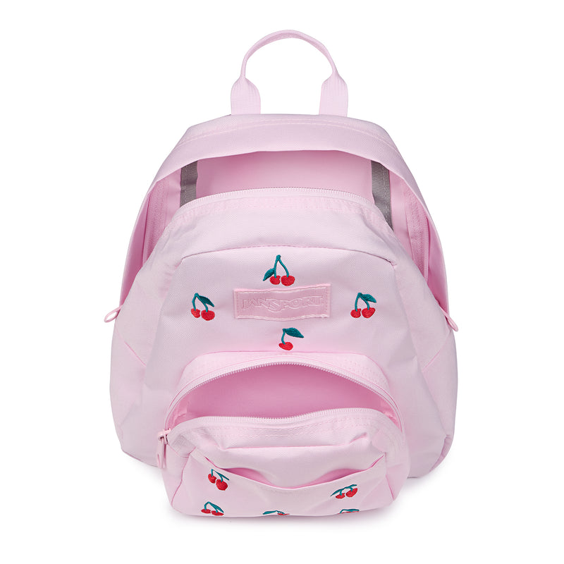 Pink mini backpack with cherry print, open front pocket and pink straps