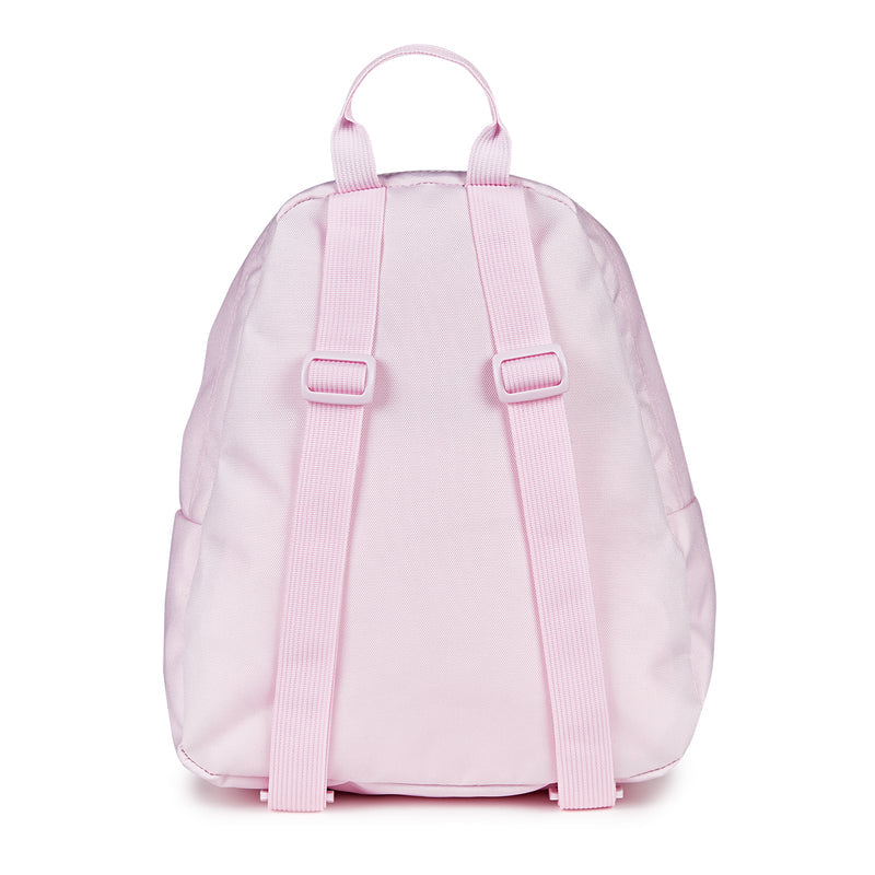 Pink mini backpack with two front straps and adjustable shoulder straps