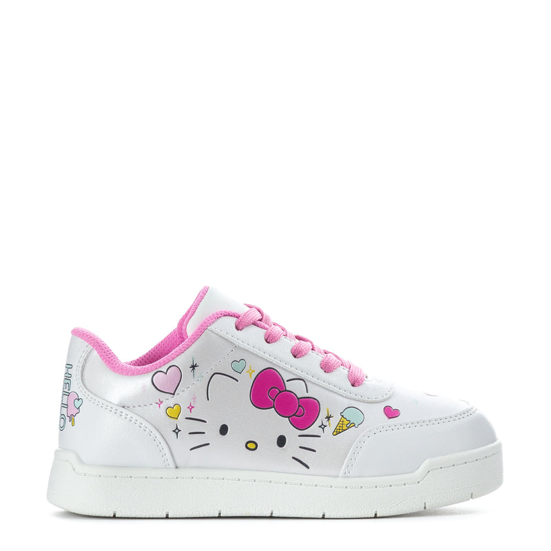 Kids Hello Kitty court shoes, white with pink laces and cat face graphic on side.