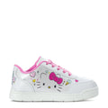 Kids Hello Kitty court shoes, white with pink laces and cat face graphic on side.
