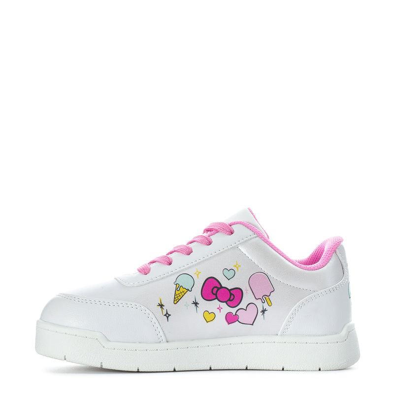 Kids Hello Kitty court shoes, white leather look with pink laces and colorful heart prints.