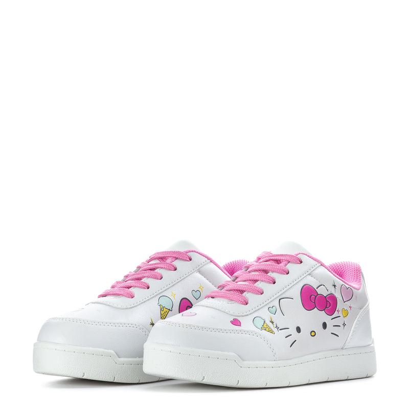 Kids Hello Kitty court shoes pair, white uppers with pink laces and cartoon character details.
