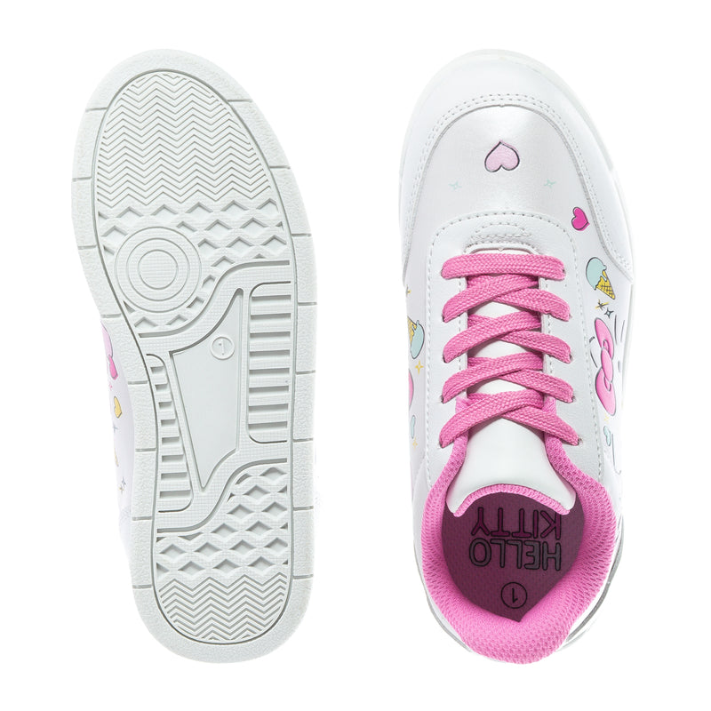 Kids Hello Kitty court shoes showing tread outsole and pink lace-up collar detail.