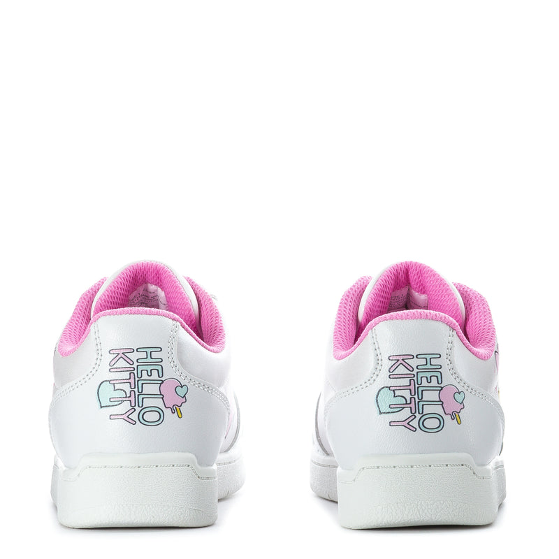 Kids Hello Kitty court shoes, white backs with pink trim and Hello Kitty heel graphic.